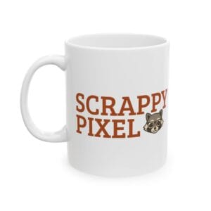 Scrappy Pixel Raccoon Mug | Logo + Peace Sign Design | 11oz or 15oz Ceramic